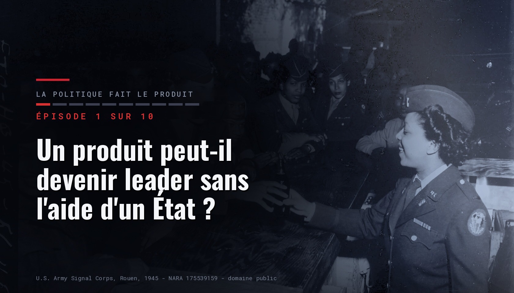 Carte de l épisode 1 sur dix de la série « La politique fait le produit », portant le titre « Un produit peut-il devenir leader sans l aide d un Etat ? » sur une photographie sombre