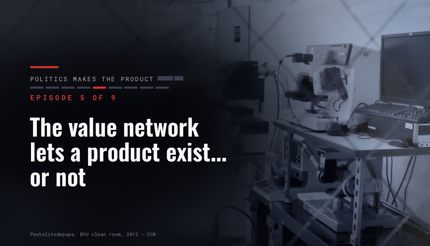 Card for episode 5 of nine of the series “Politics makes the product”, carrying the title “The value network lets a product exist... or not” over a dark photograph
