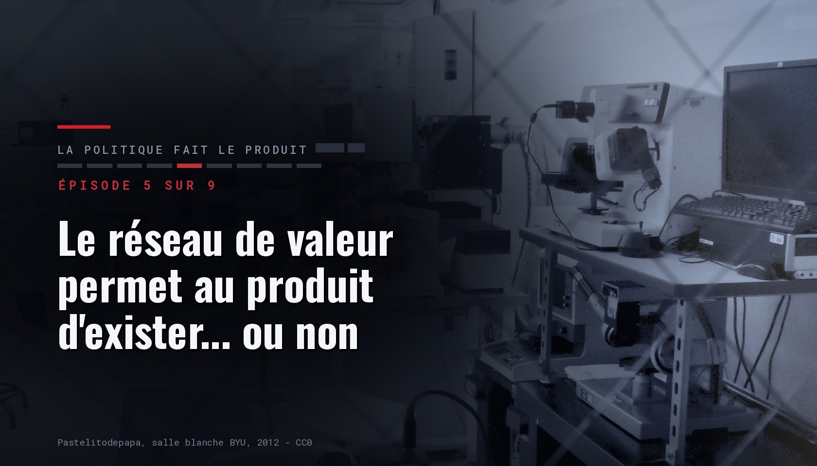 Carte de l épisode 5 sur neuf de la série « La politique fait le produit », portant le titre « Le reseau de valeur permet au produit d exister ou non » sur une photographie sombre
