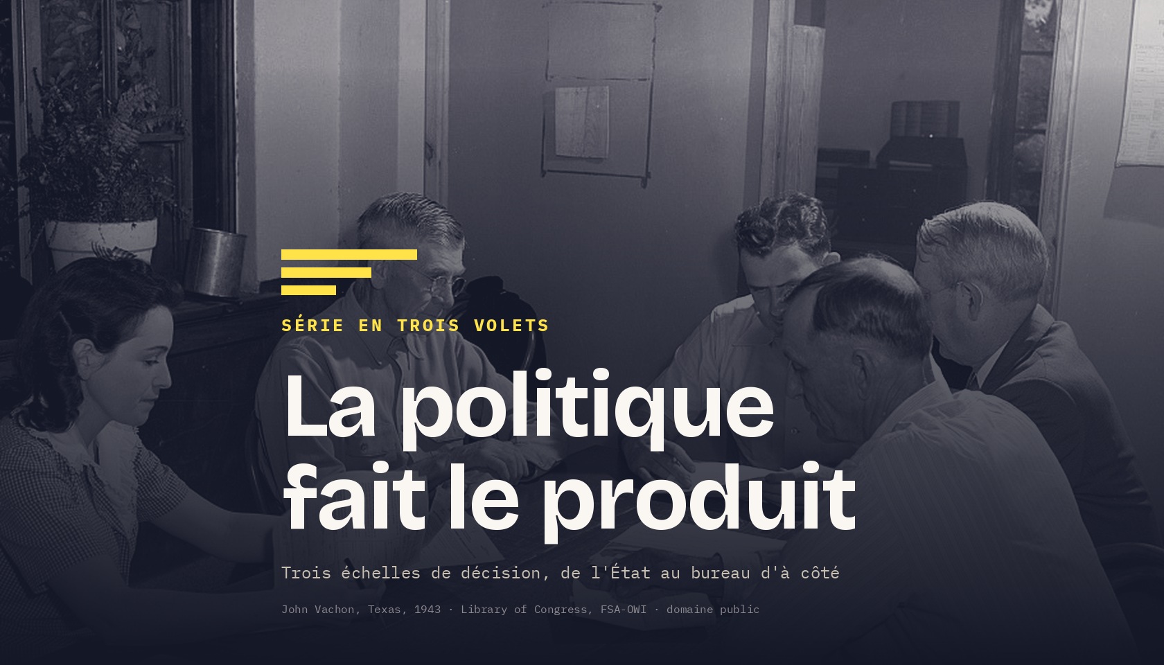 Carte de série « La politique fait le produit » : cinq personnes autour d'une table couverte de formulaires, dans la salle d'un comité de rationnement
