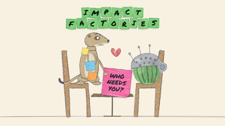Colored-pencil drawing: the Impact Factories meerkat, covered in sticky notes, sits across a small table from the MelonsNet melon helmet and hands it a pink sticky note that reads Who needs you?, under a broken heart.