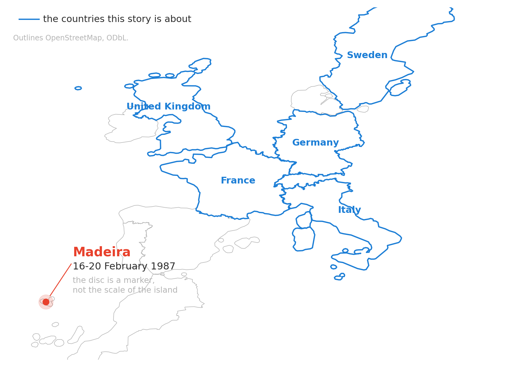 A hand-drawn line map of western Europe and the near Atlantic. France, Germany, Italy, the United Kingdom and Sweden are outlined in thick blue and named; Portugal, Spain, Ireland, Denmark and Morocco appear in thin grey. Off the Moroccan coast, a red disc with a halo marks Madeira, joined by a line to its name and the date, 16-20 February 1987.