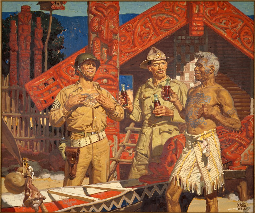 Affiche peinte : deux soldats americains en uniforme et un Maori tiennent des bouteilles de Coca-Cola.