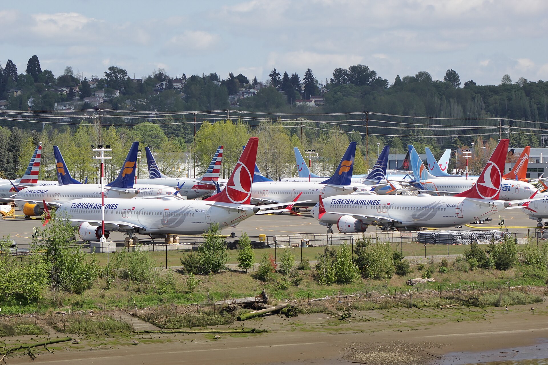 Des dizaines de Boeing 737 MAX gares cote a cote pres d un aeroport.