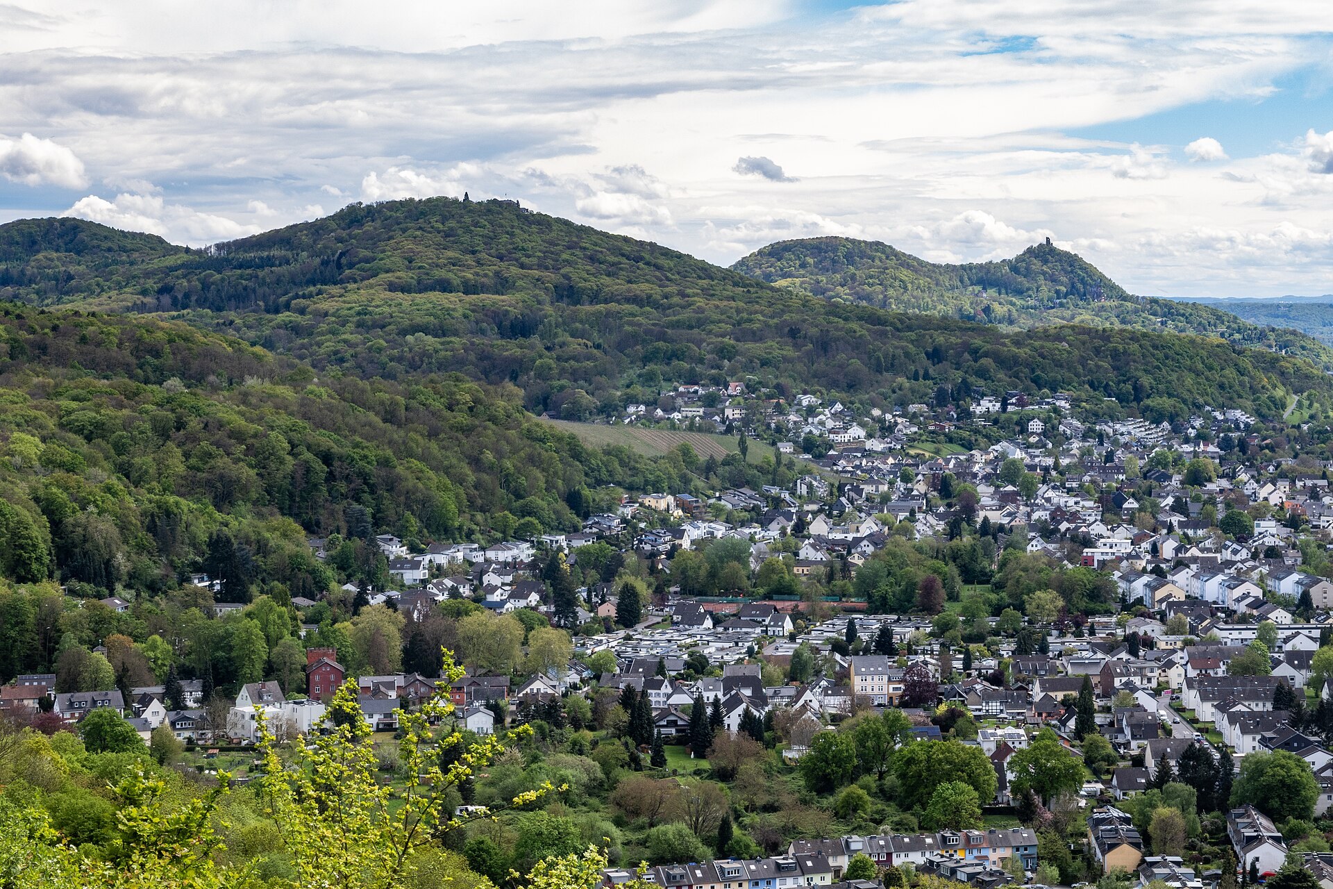 Vue de collines boisees et d une petite ville au bord du Rhin pres de Bonn.