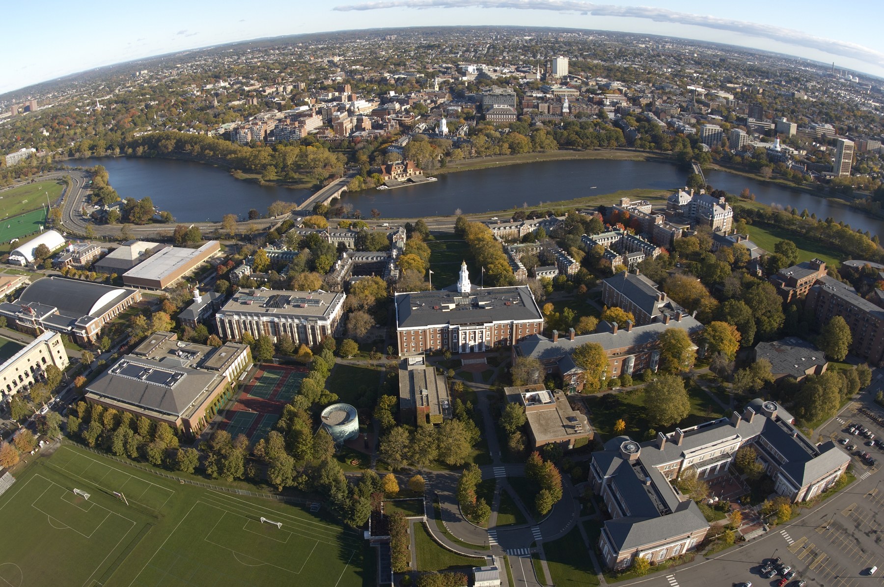 Aerial view of the Harvard Business School campus on the bank of the Charles River.