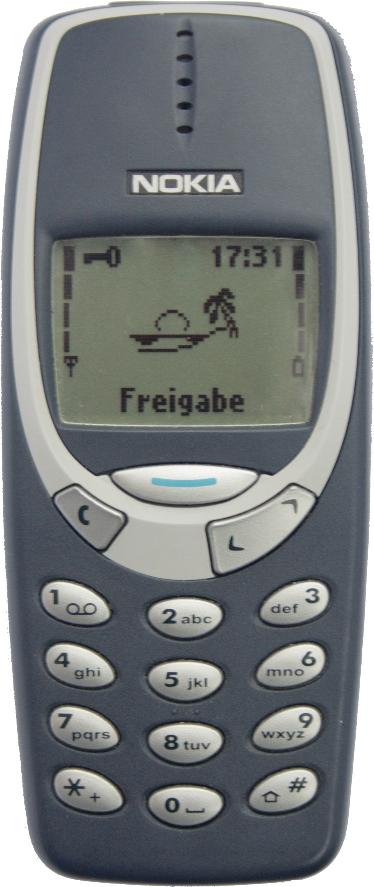 A blue Nokia 3310 mobile phone seen from the front.