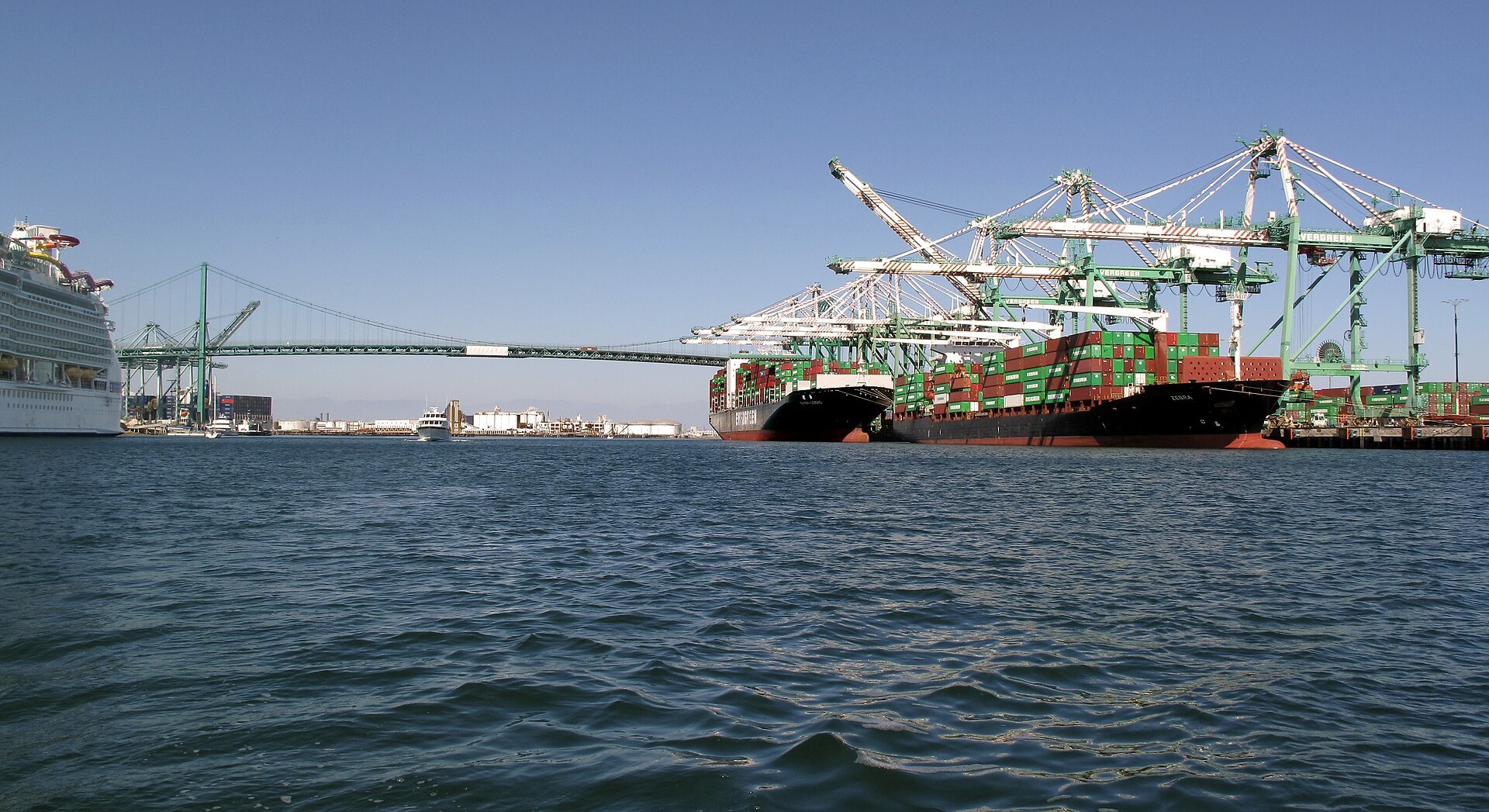 Loaded container ships under the cranes of the Port of Los Angeles.