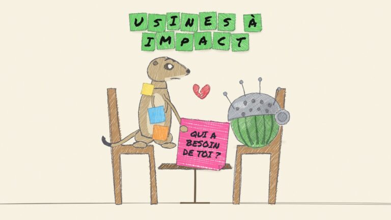 Dessin au crayon de couleur : le suricate d’Impact Factories, couvert de post-its, assis face au casque-melon de MelonsNet, lui tend un post-it rose « Qui a besoin de toi ? » sous un cœur brisé.