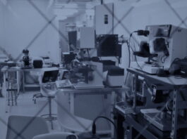 The value network lets a product exist… or not Une baie de lithographie en salle blanche, vue à travers un grillage, en bichromie bleu sombre