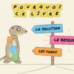 Dessin au crayon de couleur : le suricate d’Impact Factories, couvert de post-its, hésite devant un panneau de carrefour ; la flèche « Le besoin » brille entre « La solution » et « Les fonds ».