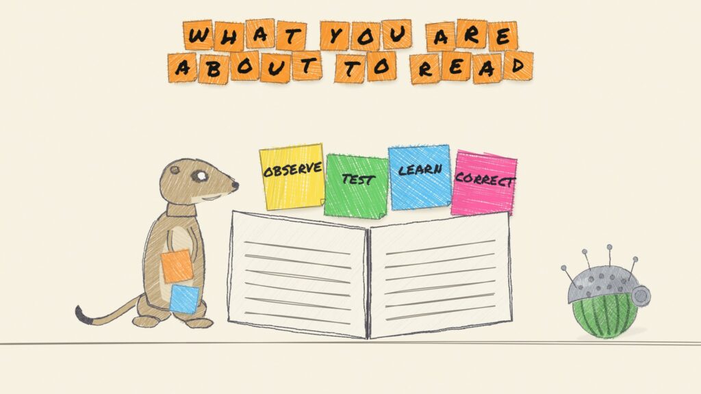 Colored-pencil drawing: the Impact Factories meerkat next to an open book bookmarked with four sticky notes: Observe, Test, Learn, Correct.