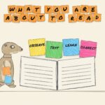 Colored-pencil drawing: the Impact Factories meerkat next to an open book bookmarked with four sticky notes: Observe, Test, Learn, Correct.