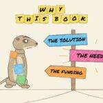 Colored-pencil drawing: the Impact Factories meerkat, covered in sticky notes, hesitates at a crossroads sign; the arrow “The need” glows between “The solution” and “The funding”.