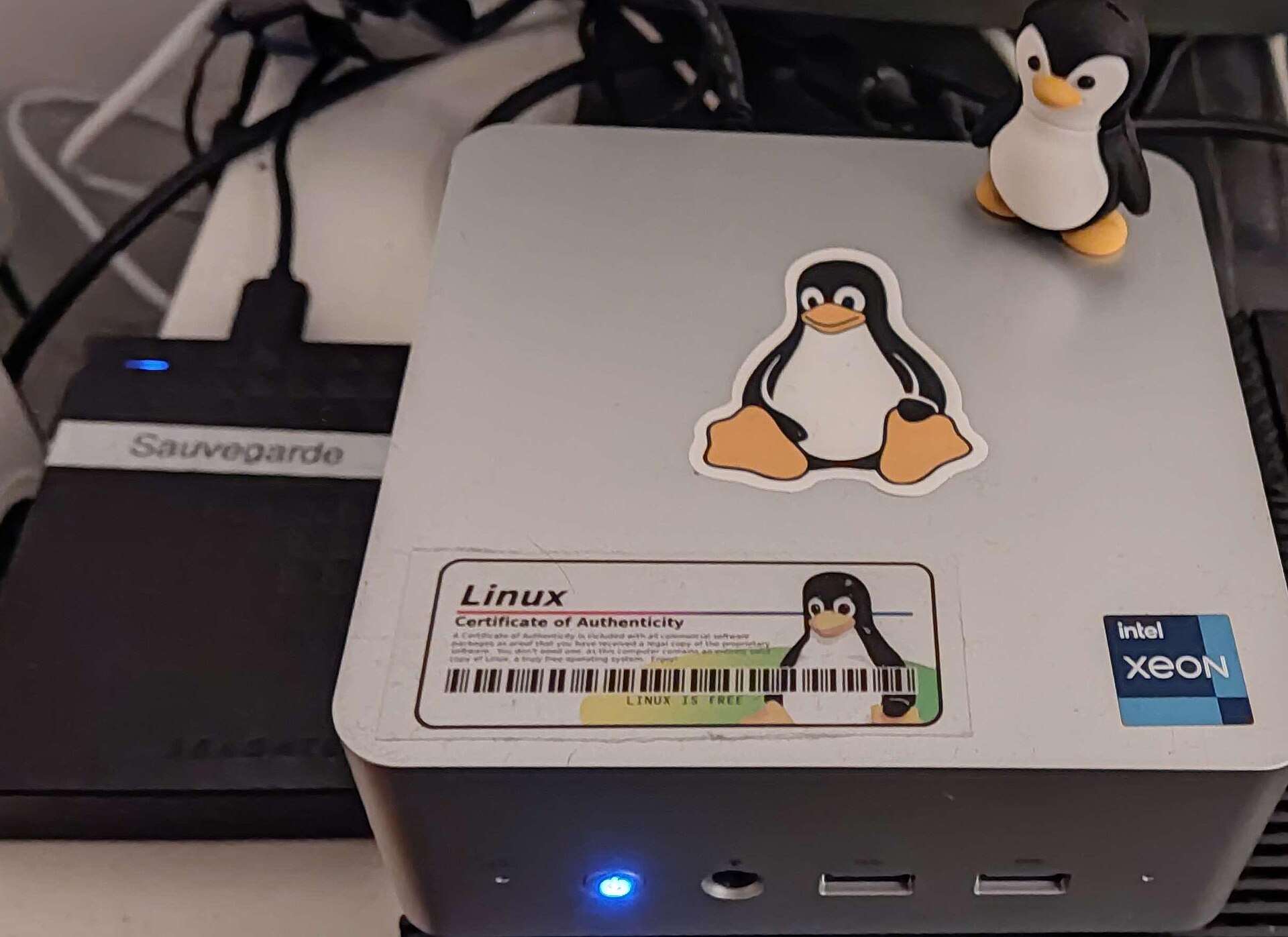 A small grey home server on a desk next to a backup drive, with a Linux penguin sticker