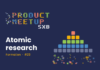 Atomic research and missing customers: Product Meetup SXB #23 The Product Meetup SXB logo in colored squares, the title Atomic research and a pyramid of colored squares on a navy background